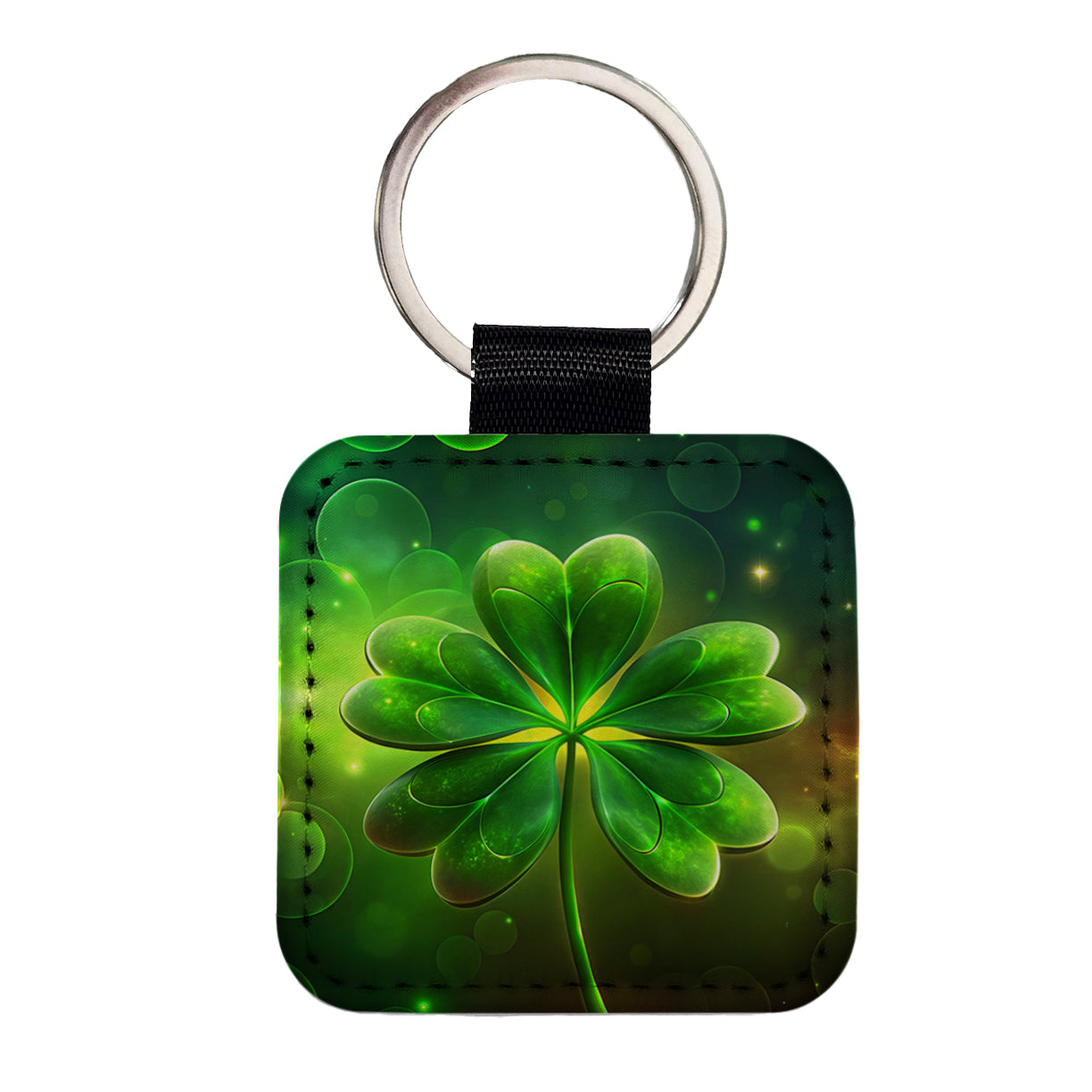 Lucky Irish Five Leaf Clover Square Faux Leather Keychain