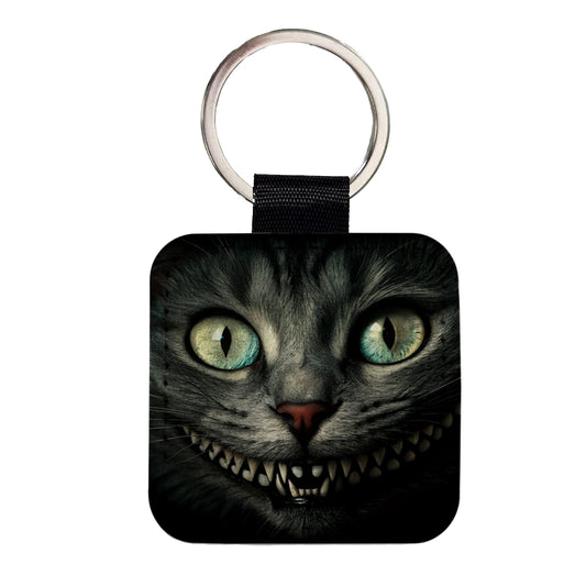 Mischievous Cheshire Cat Grin on Black Square Faux Leather Keychain