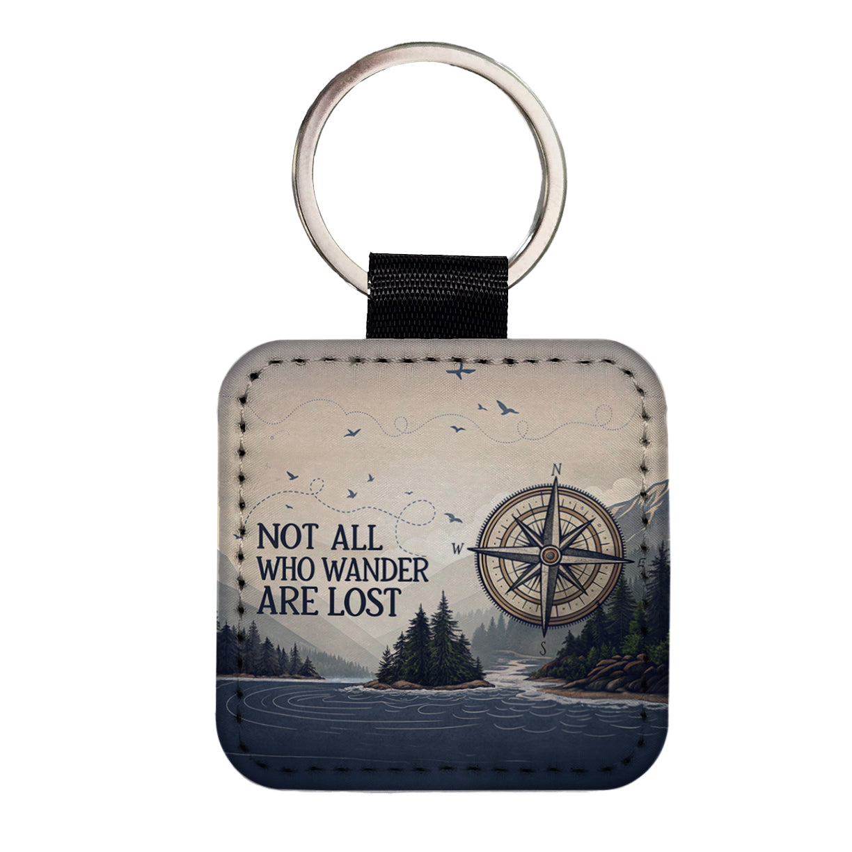 Not All Who Wander Are Lost Compass Hiking Square Faux Leather Keychain