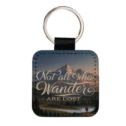 Not All Who Wander Are Lost Hiking Mountains Square Faux Leather Keychain