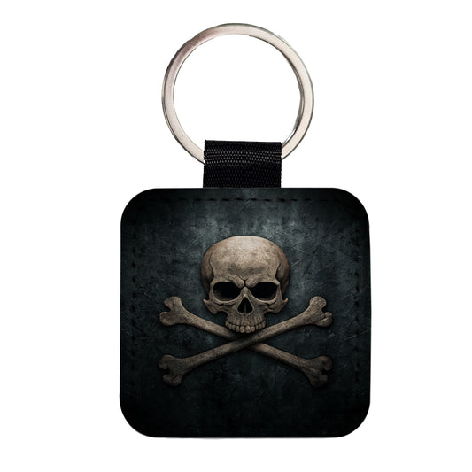 Pirate Skull and Crossbones Dark Rustic Square Faux Leather Keychain
