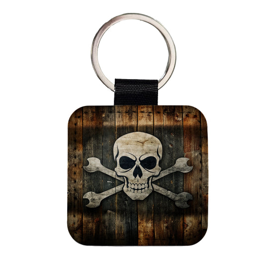 Pirate Skull And Crossbones Jolly Roger Rustic Planks Square Faux Leather Keychain