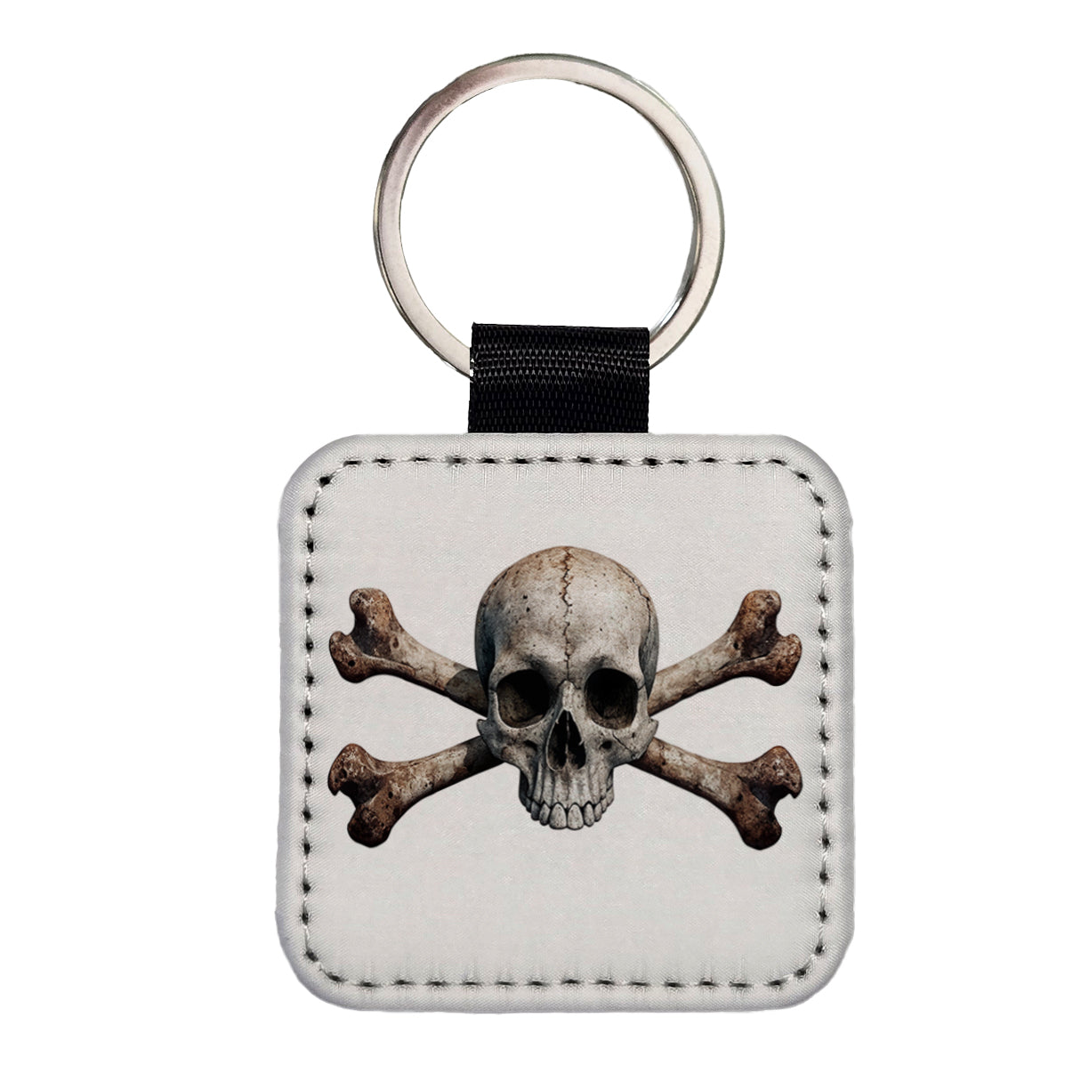 Pirate Skull And Crossbones on White Square Faux Leather Keychain