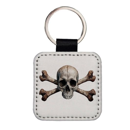 Pirate Skull And Crossbones on White Square Faux Leather Keychain