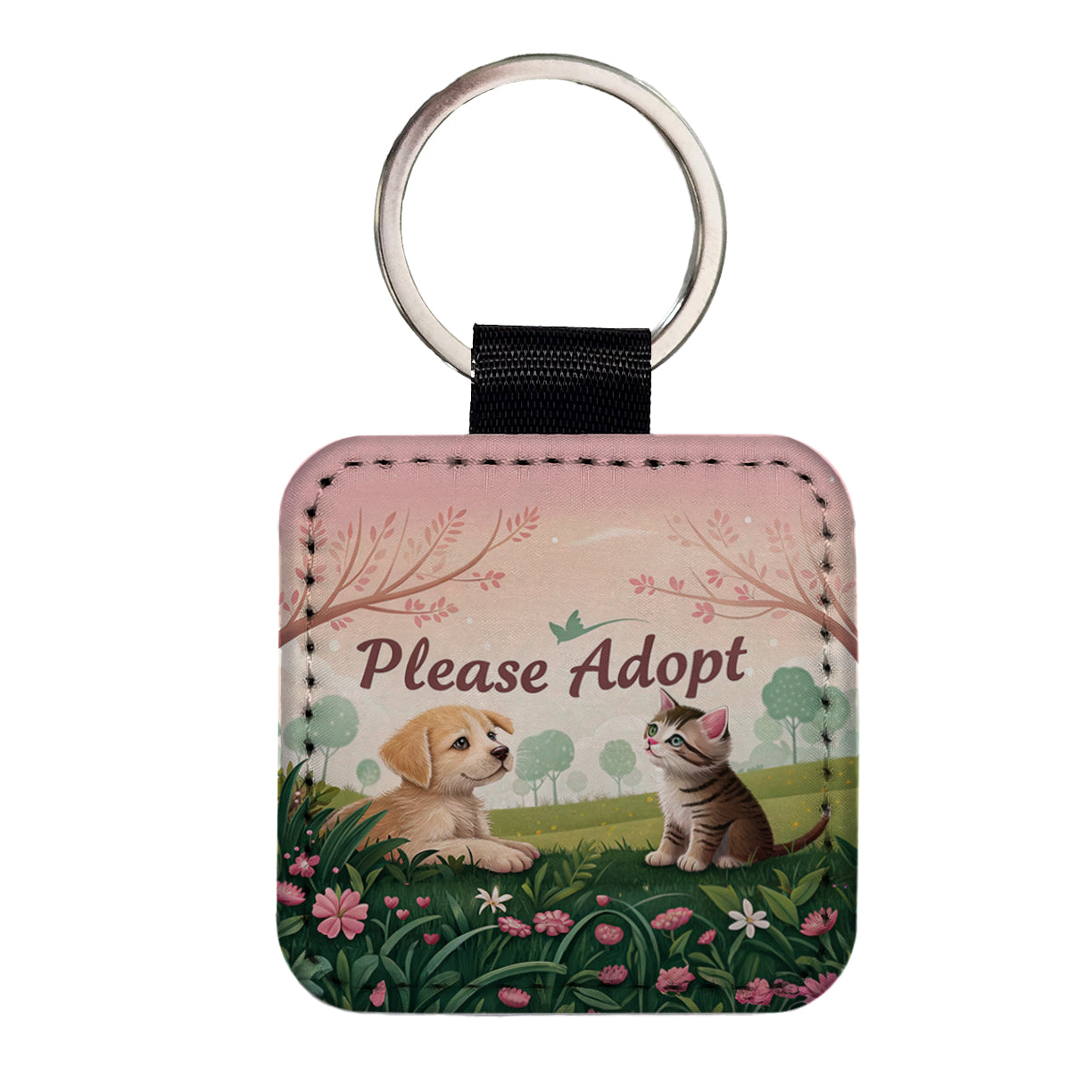 Please Adopt Animal Pet Dog Cat Rescue Square Faux Leather Keychain