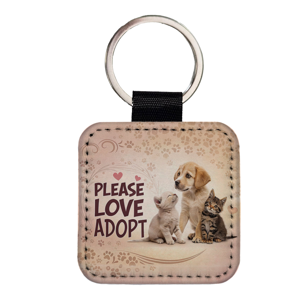 Please Love Adopt Animal Pet Rescue Adoption Square Faux Leather Keychain