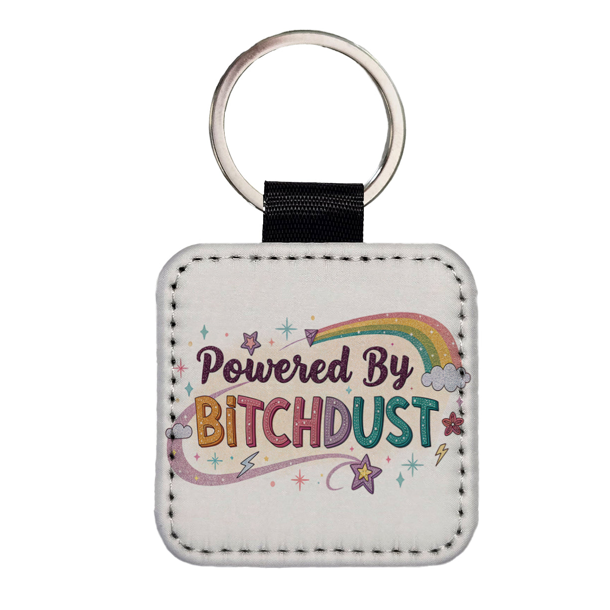 Powered By Bitchdust Sparkly Stars Rainbow Square Faux Leather Keychain