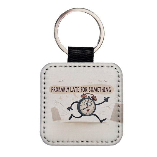 Probably Late For Something Funny Running Clock Square Faux Leather Keychain