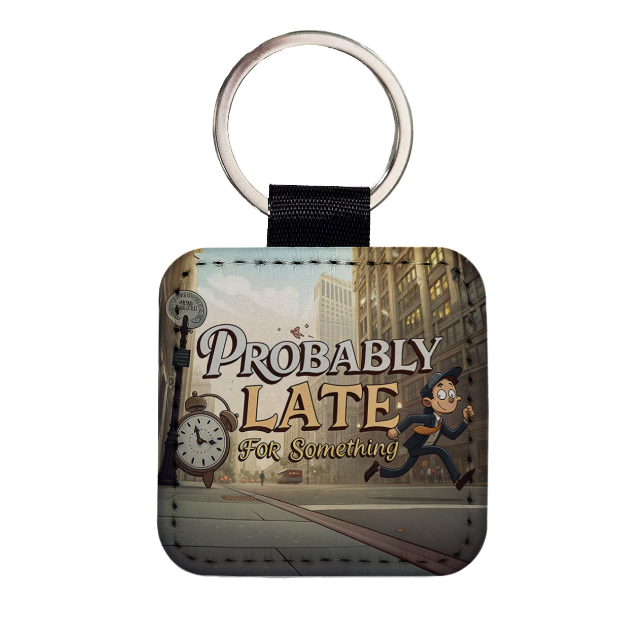 Probably Late For Something Funny Square Faux Leather Keychain