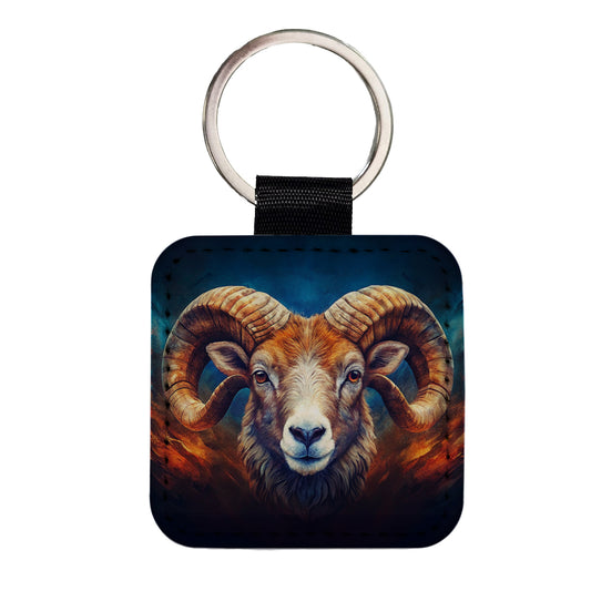 Ram Head Colorful Background Square Faux Leather Keychain