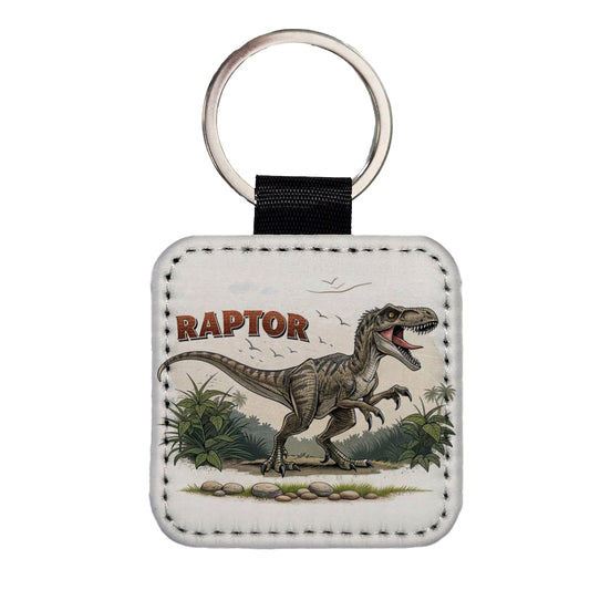 Raptor Dinosaur Cartoon Square Faux Leather Keychain