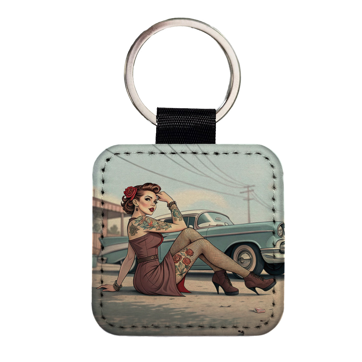 Rockabilly Retro 50's Pin-Up Girl With Tattoos Square Faux Leather Keychain