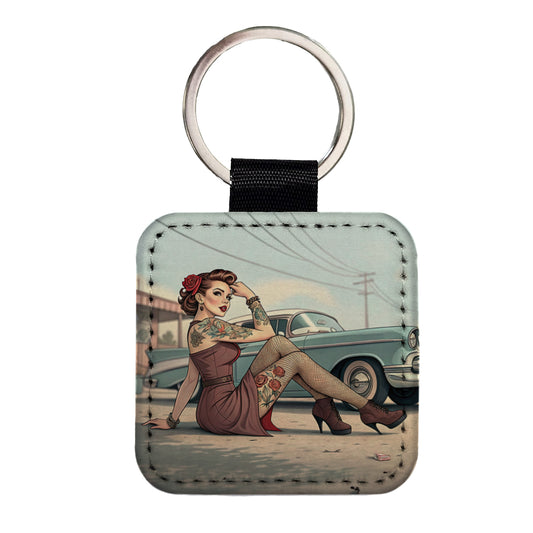 Rockabilly Retro 50's Pin-Up Girl With Tattoos Square Faux Leather Keychain