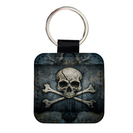 Rustic Skull And Crossbones Pirate Jolly Roger Square Faux Leather Keychain