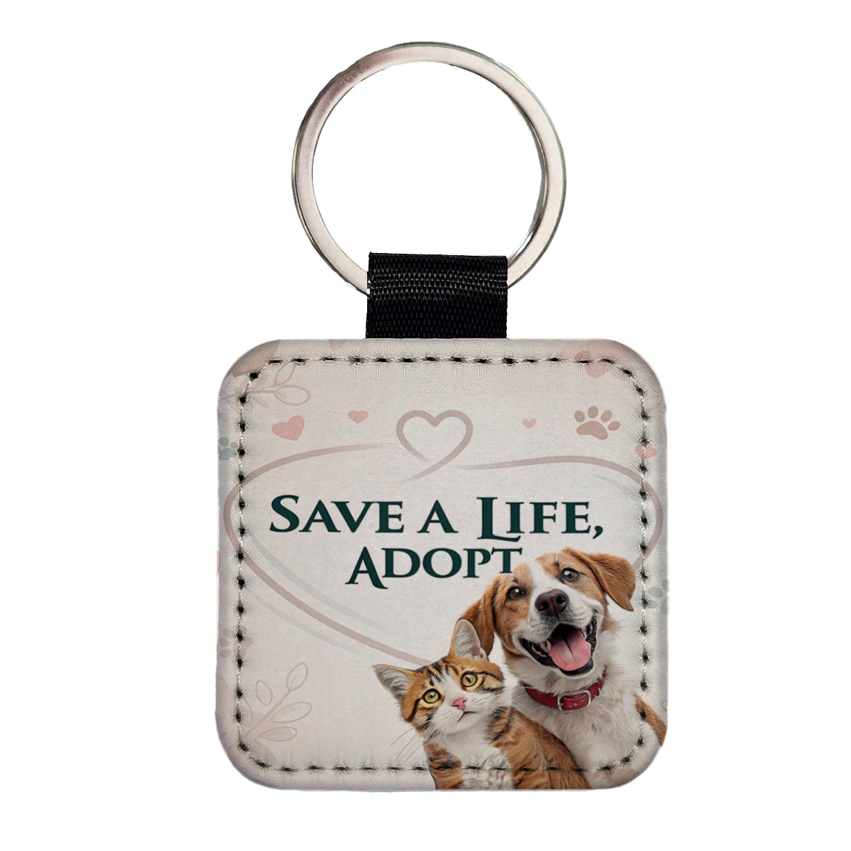 Save A Life Adopt Rescue Pet Dog Cat Square Faux Leather Keychain