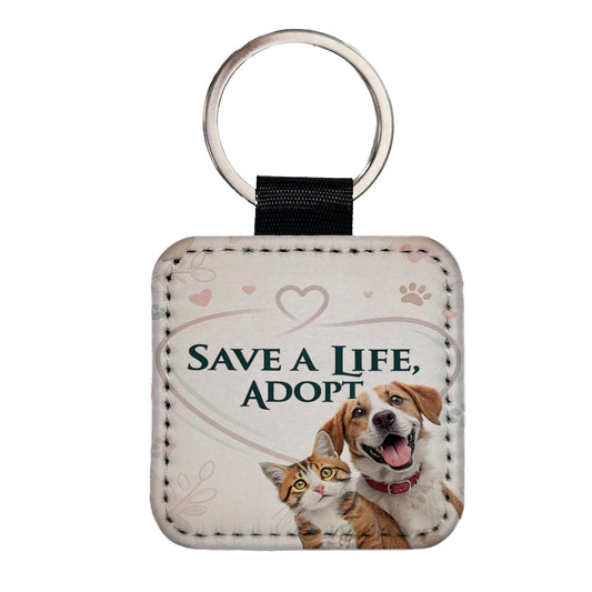 Save A Life Adopt Rescue Pet Dog Cat Square Faux Leather Keychain