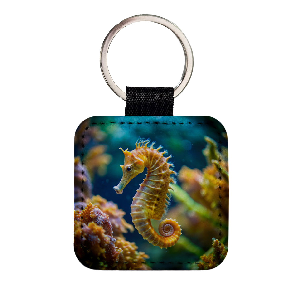 Seahorse in the Ocean Square Faux Leather Keychain