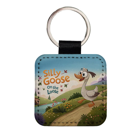 Silly Goose On The Loose Funny Cartoon Square Faux Leather Keychain