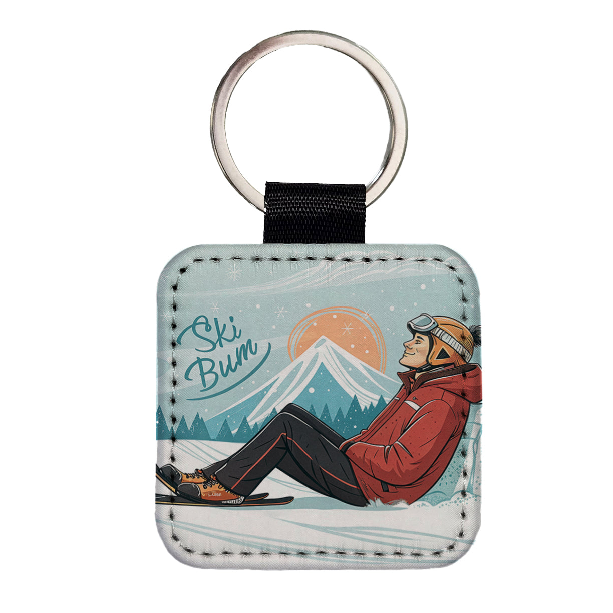 Ski Bum Lounging Square Faux Leather Keychain