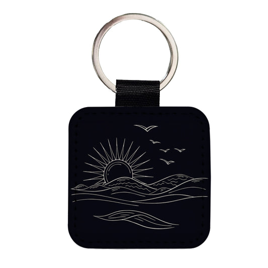 Sunrise And Ocean Wave Outline Illustration Square Faux Leather Keychain