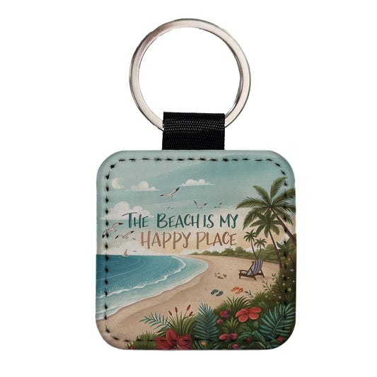The Beach Is My Happy Place Funny Tropical Square Faux Leather Keychain