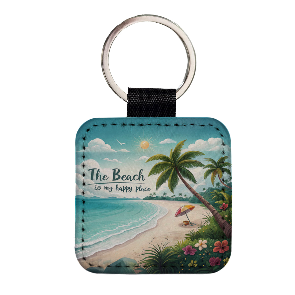 The Beach Is My Happy Place Tropical Square Faux Leather Keychain
