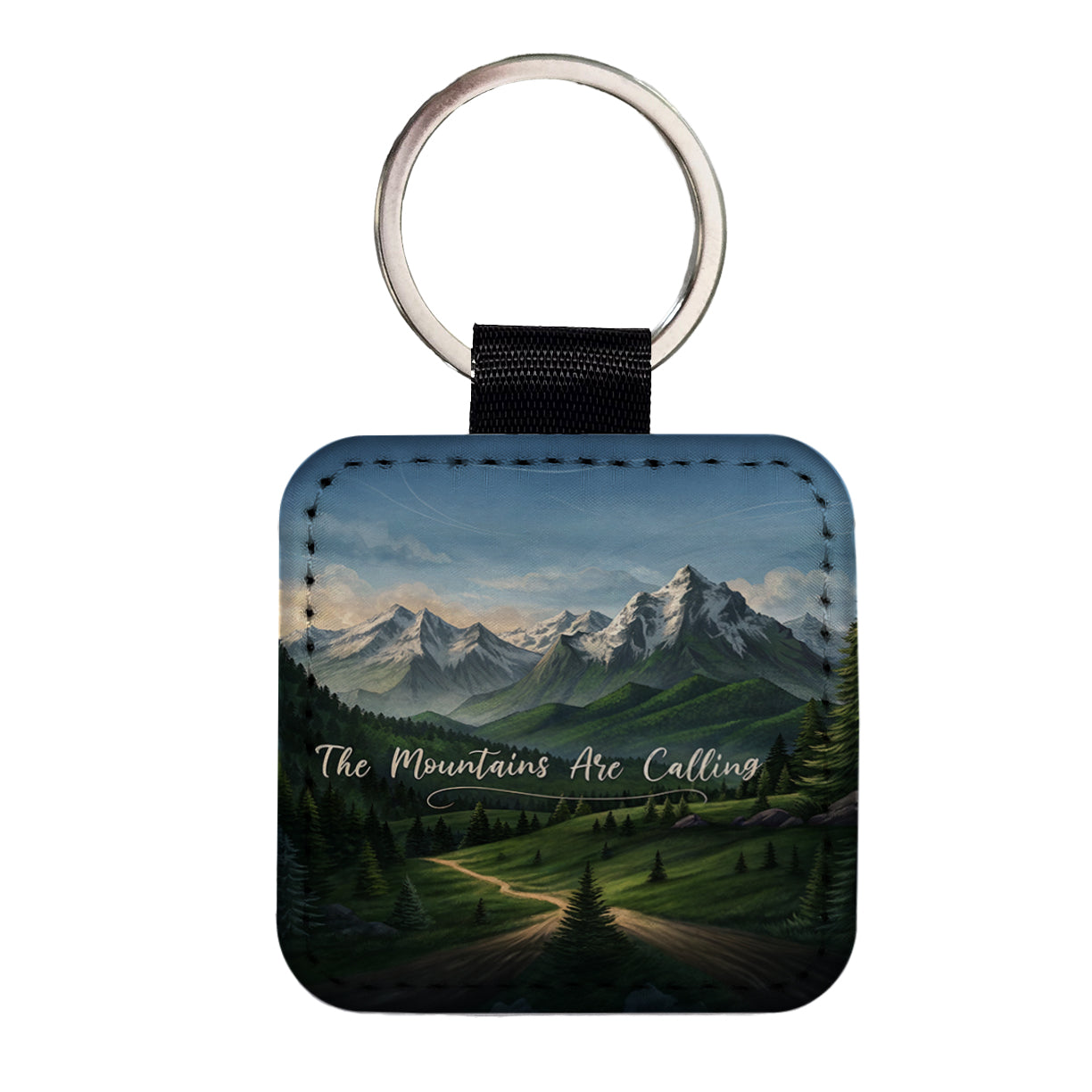 The Mountains Are Calling Hiking Camping Outdoors Adventure Square Faux Leather Keychain