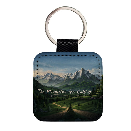 The Mountains Are Calling Hiking Camping Outdoors Adventure Square Faux Leather Keychain
