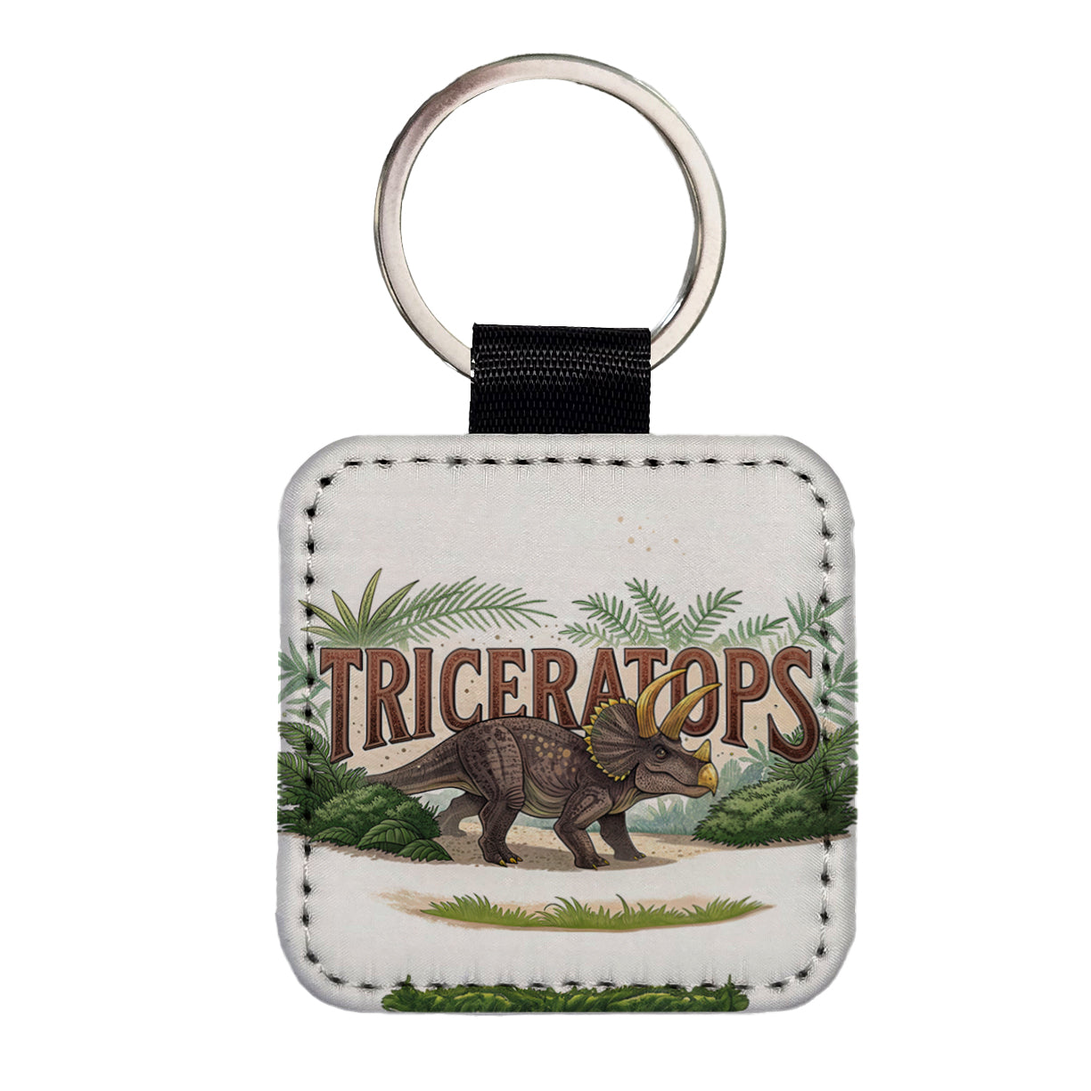 Triceratops Horned Dinosaur Cartoon Square Faux Leather Keychain