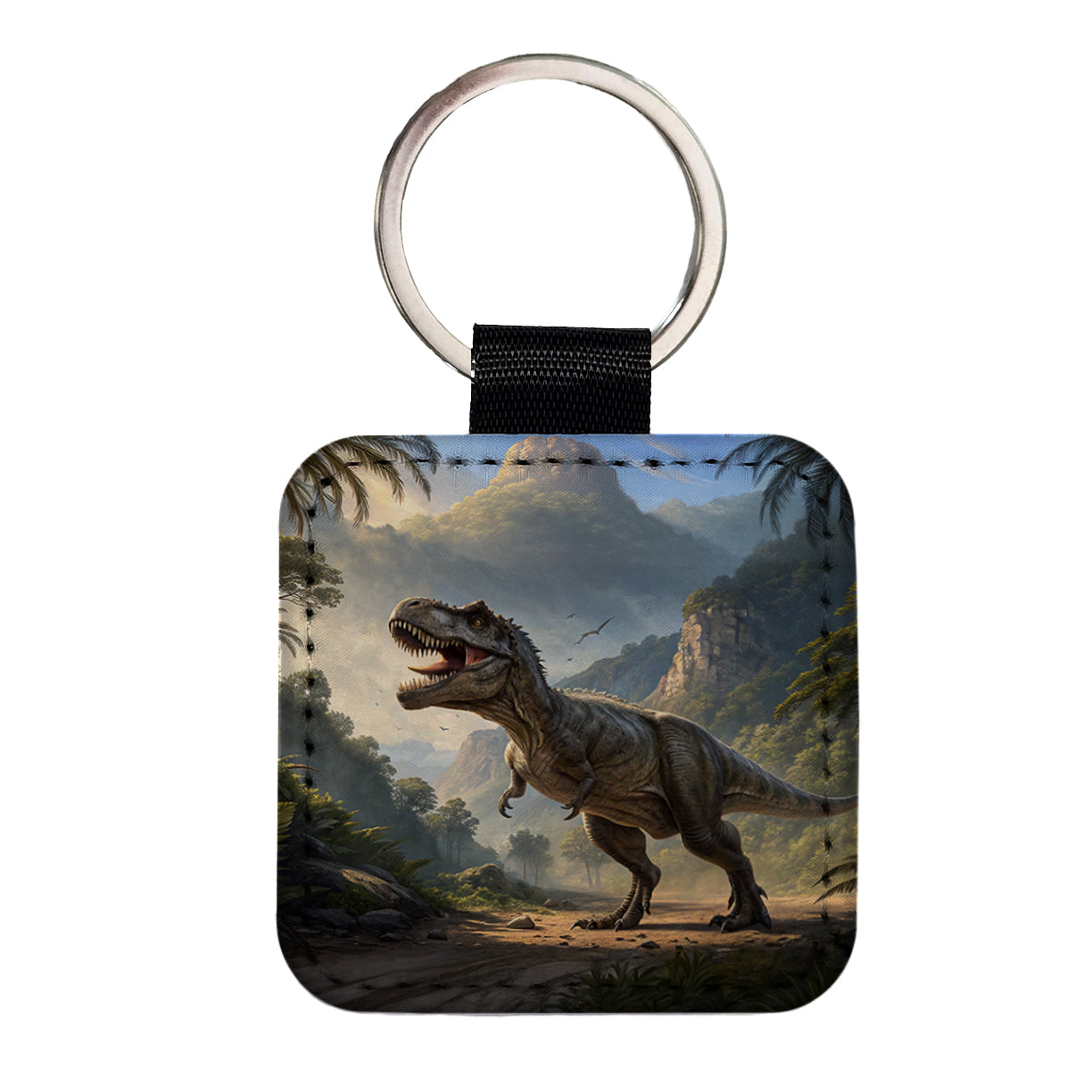 Tyrannosaurus T-Rex Dinosaur in the Wild Square Faux Leather Keychain
