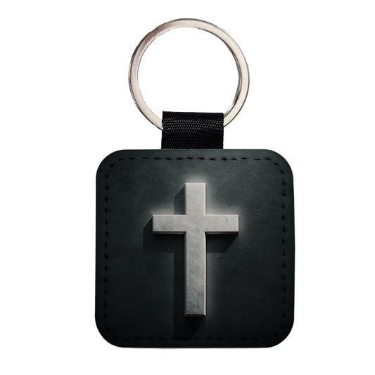 White Cross On Dark Background Religious Square Faux Leather Keychain