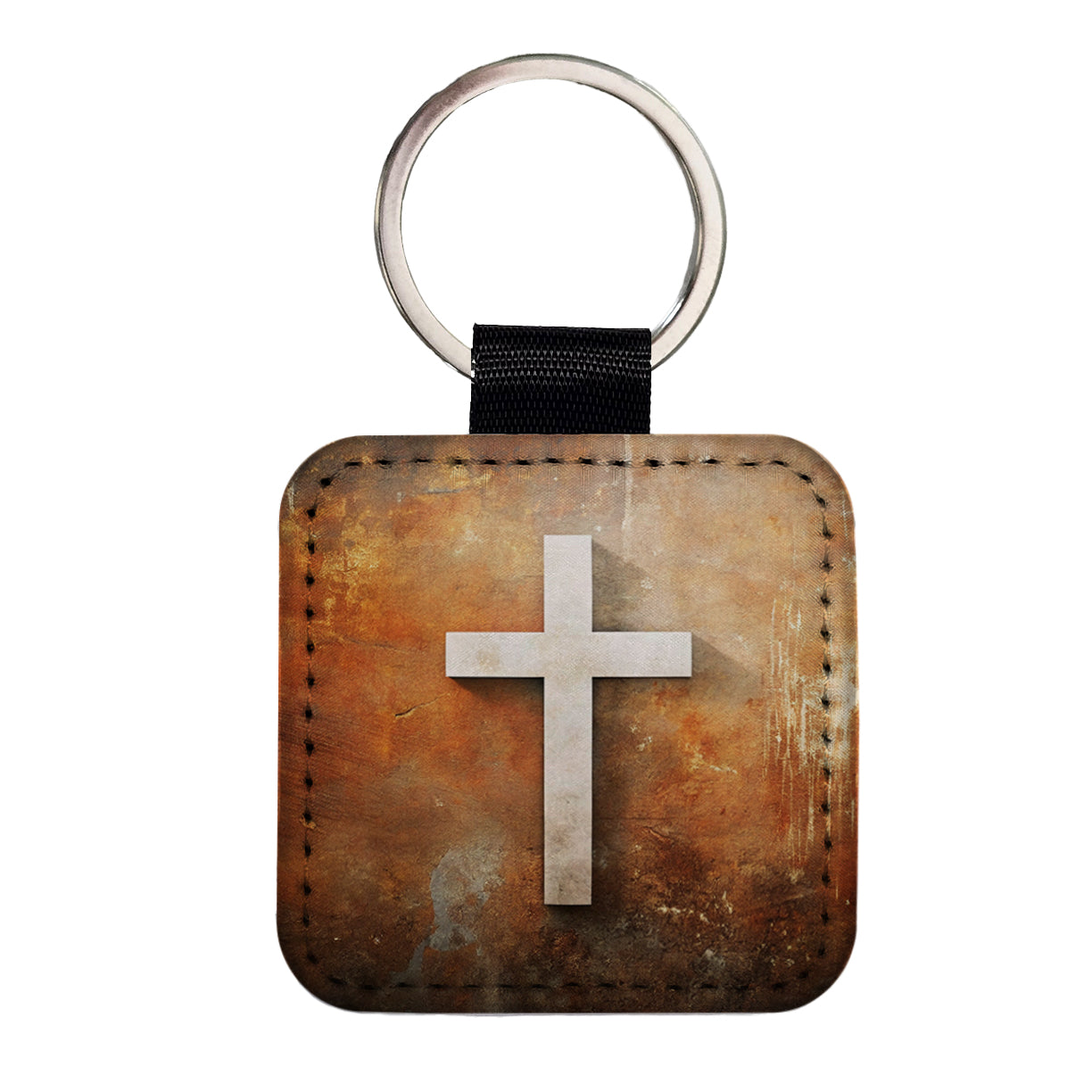 White Cross On Rusty Rustic Background Religious Square Faux Leather Keychain