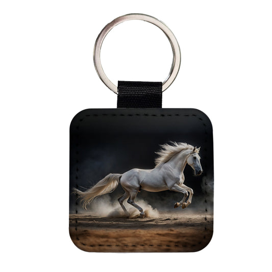 White Horse Galloping Square Faux Leather Keychain