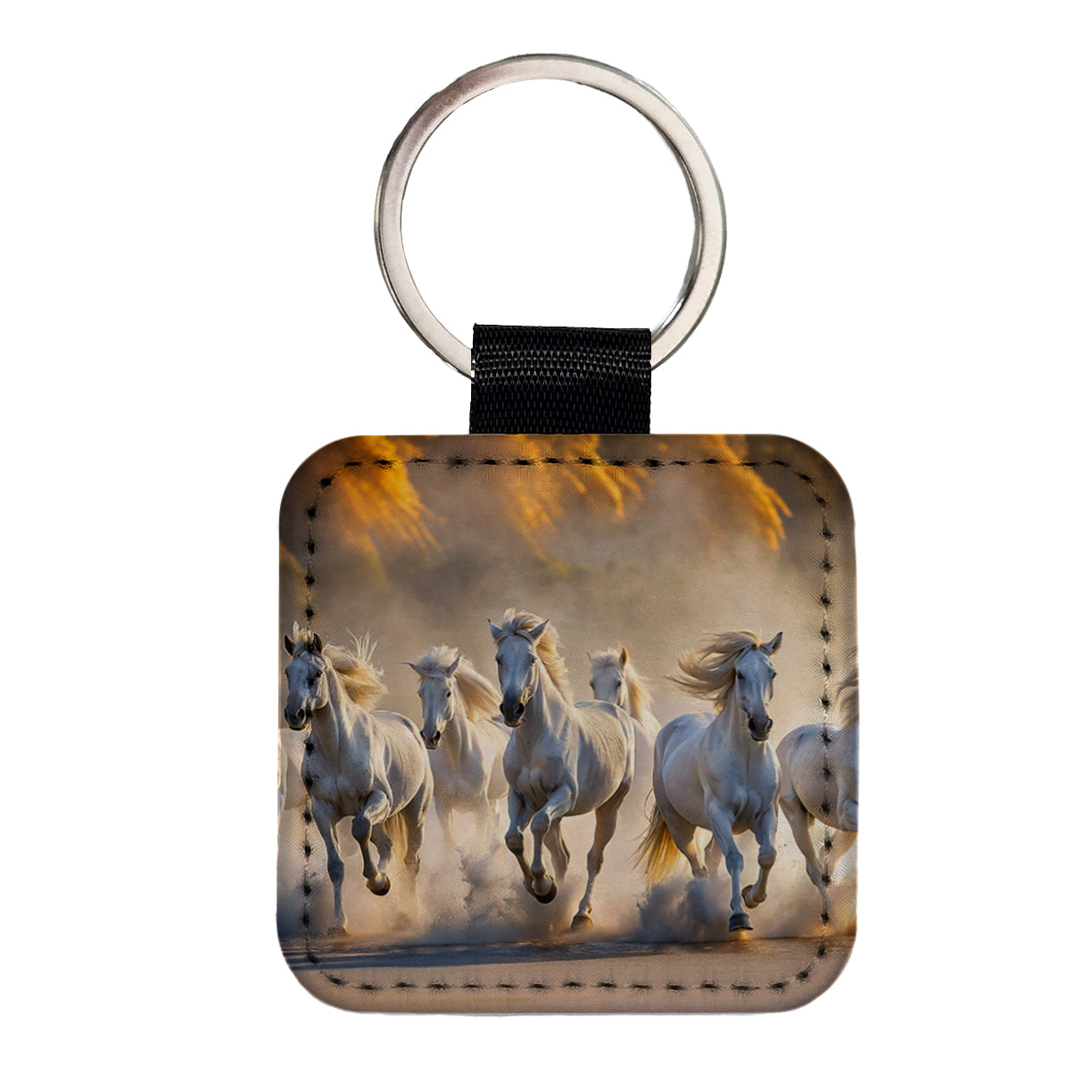 White Horses Galloping Out Of The Mist Square Faux Leather Keychain