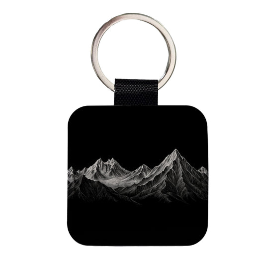 White Mountains On Black Outdoors Hiking Camping Square Faux Leather Keychain