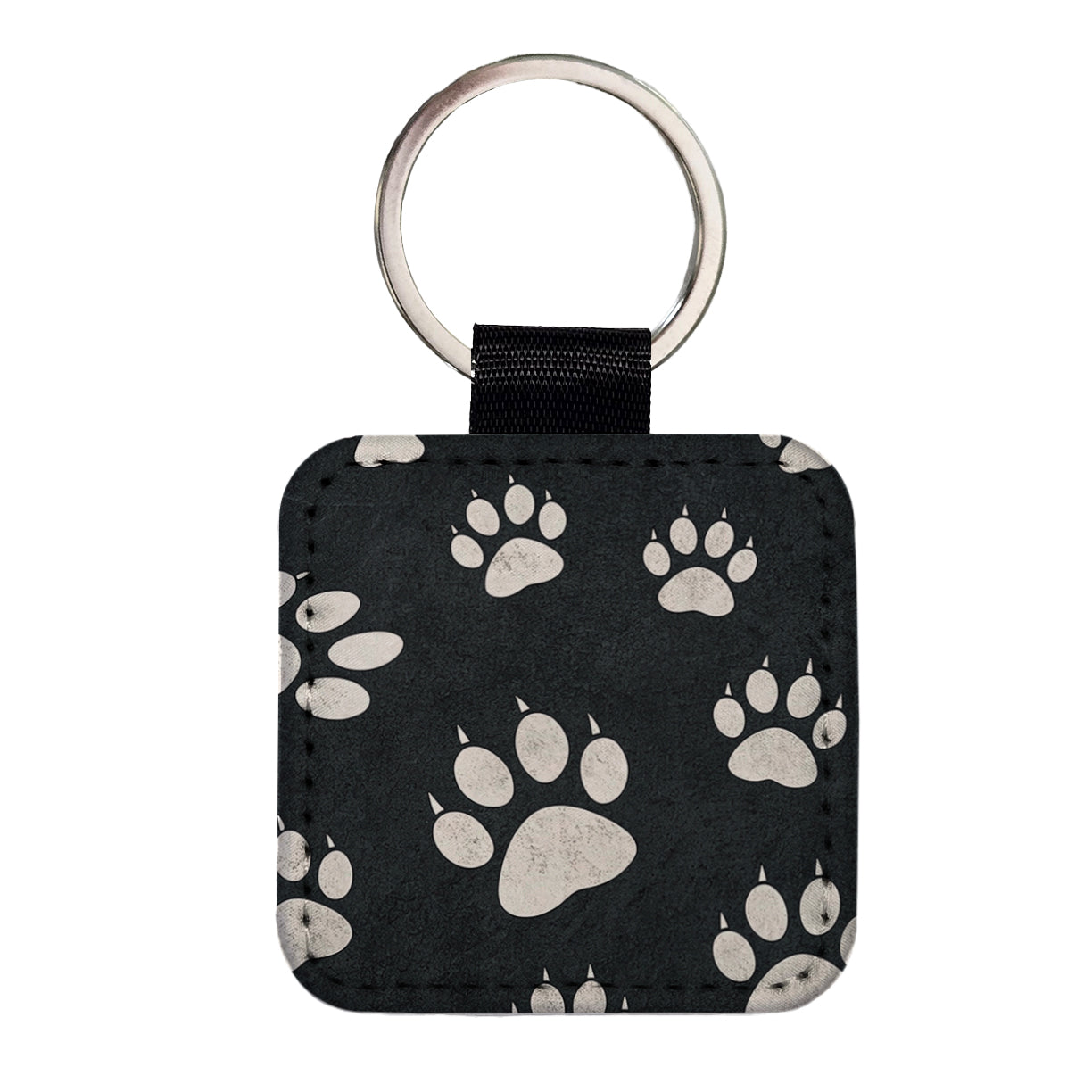 White Paw Prints On Black Pattern Square Faux Leather Keychain