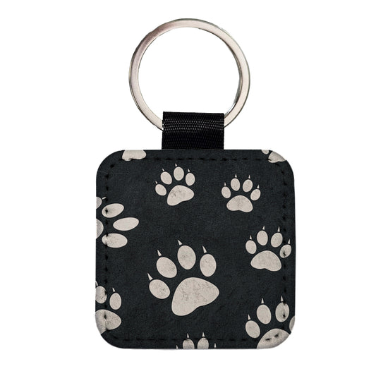 White Paw Prints On Black Pattern Square Faux Leather Keychain