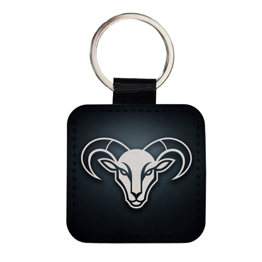 White Ram Head Illustration Outline Square Faux Leather Keychain