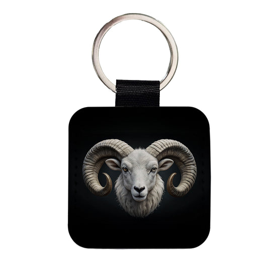 White Ram Head Square Faux Leather Keychain