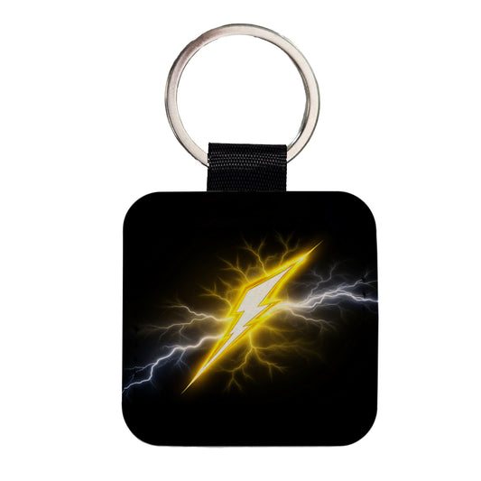 Yellow and White Lightning Bolt On Black Square Faux Leather Keychain