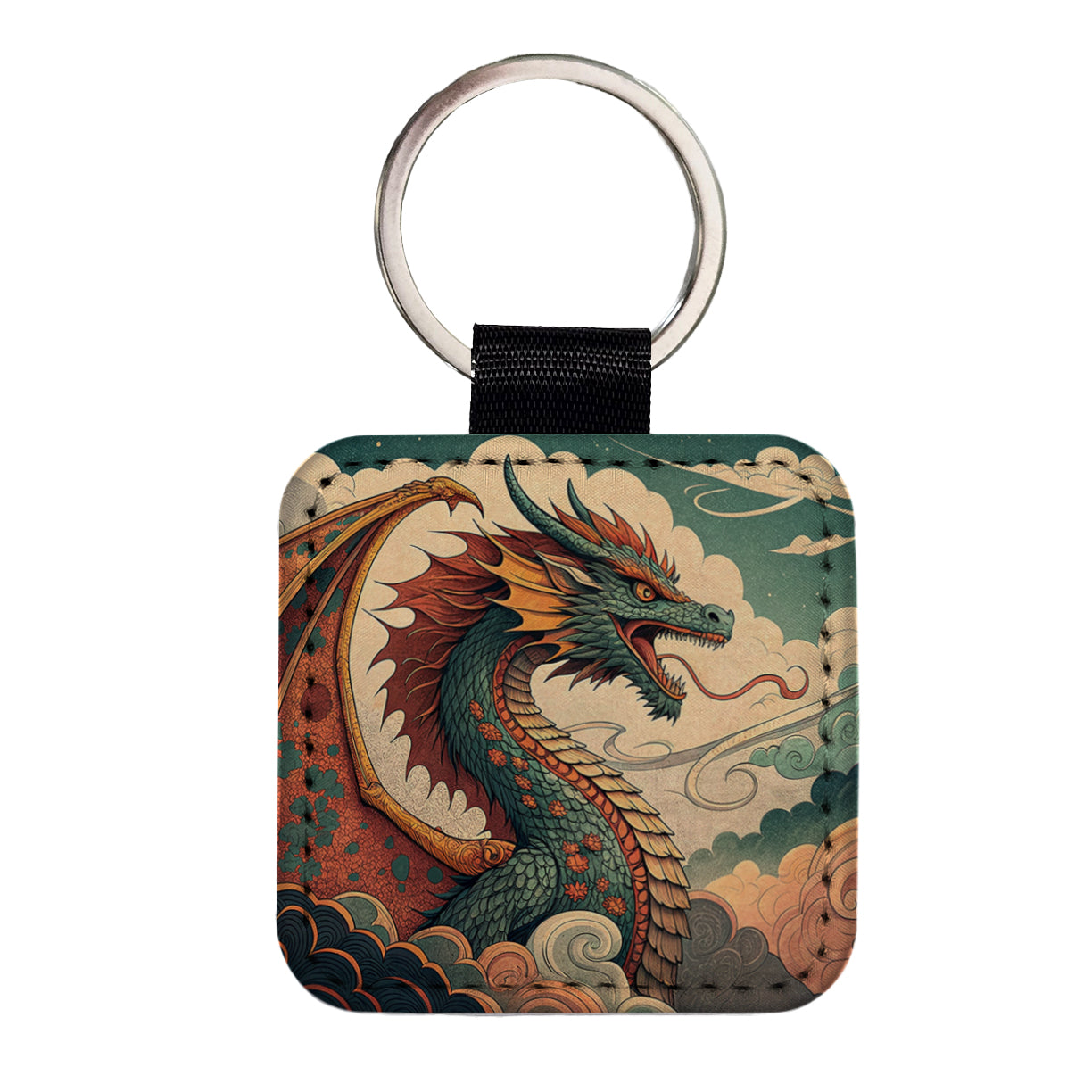 60's Style Pulp Fantasy Dragon Illustration Square Faux Leather Keychain