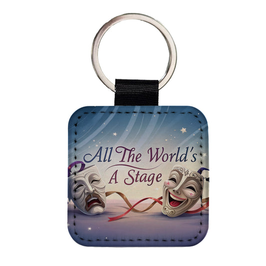 All The World's a Stage Theater Drama Masks Square Faux Leather Keychain