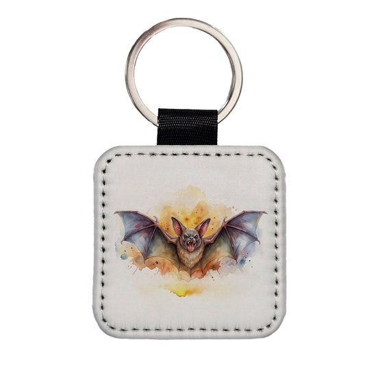 Angry Bat Watercolor Square Faux Leather Keychain