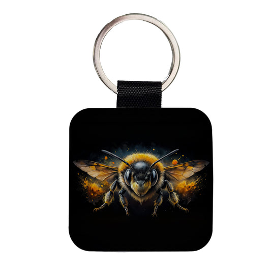 Angry Bumblebee Watercolor Square Faux Leather Keychain