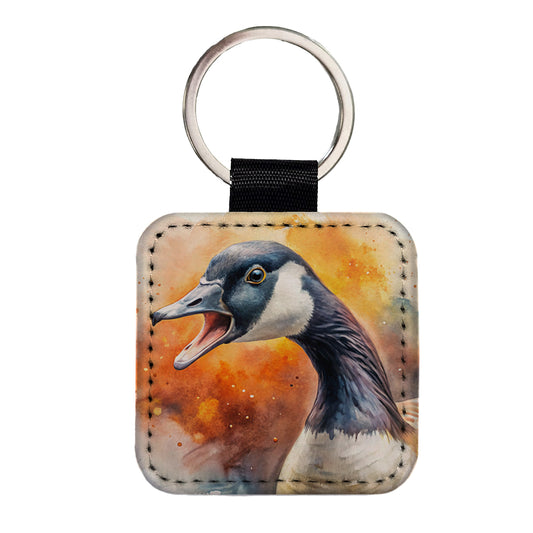 Angry Canadian Canada Goose Watercolor Square Faux Leather Keychain