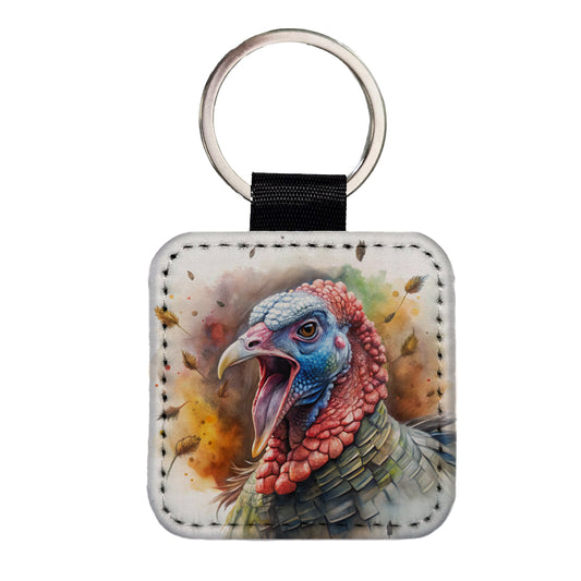 Angry Male Tom Gobbler Turkey Watercolor Square Faux Leather Keychain