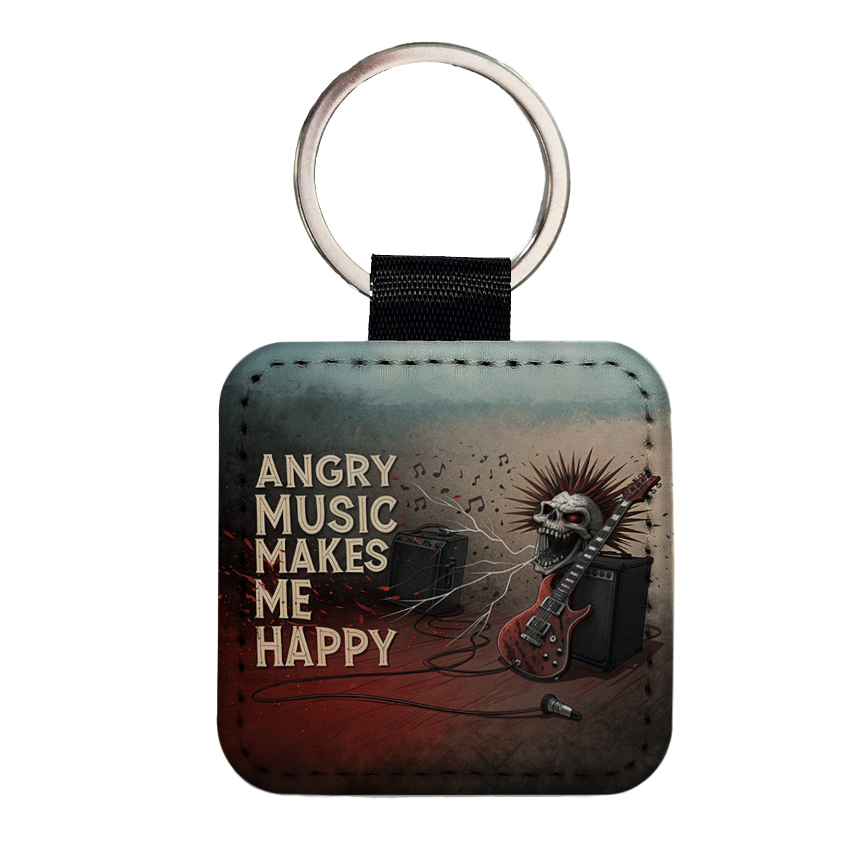Angry Music Makes Me Happy Heavy Metal Rock and Roll Square Faux Leather Keychain