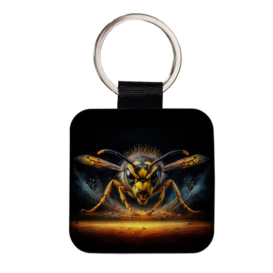 Angry Yellowjacket Watercolor Square Faux Leather Keychain