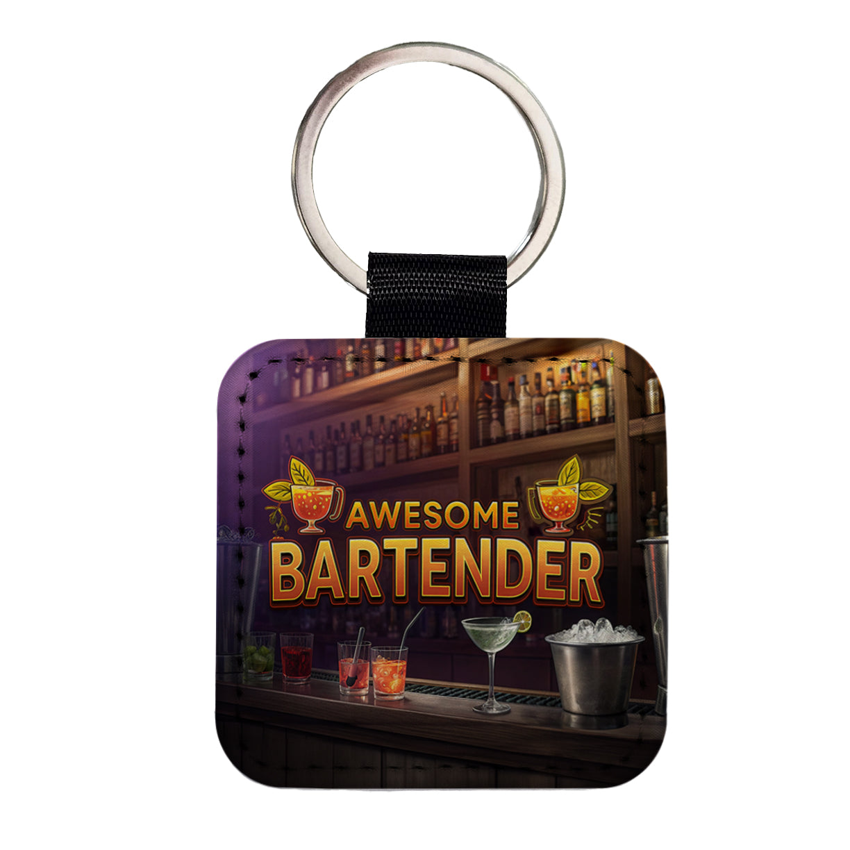 Awesome Bartender Inspirational Square Faux Leather Keychain