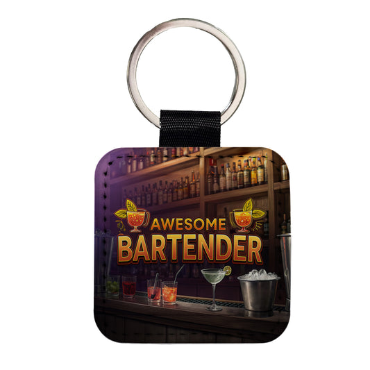 Awesome Bartender Inspirational Square Faux Leather Keychain